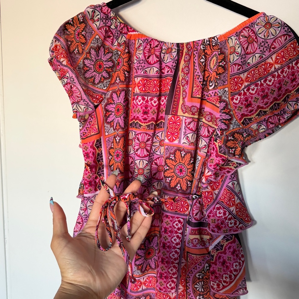 Byer California Pink Multi-Pattern Ruffle Short Sleeve Top - Picture 6 of 6